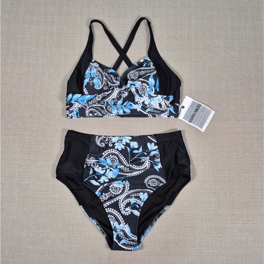 Hanna Nikole Womens Bikini Set Blue Paisley High Waisted Tummy Control New‎ M